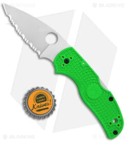 Spyderco Native 5 Salt Lockback Knife Green FRN (3" Satin LC200N Serr) C41SGR5 -Spyderco Sales Spyderco Native 5 Salt LB Green FRN Satin Serr BHQ 145693 jr bottlecap